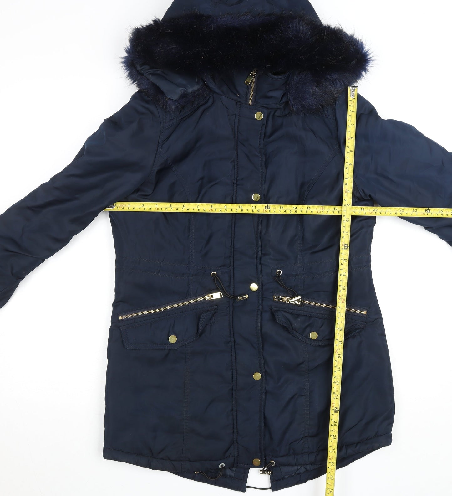 M&Co Unisex Blue Faux Fur Trim Hooded Parka Coat Size 10