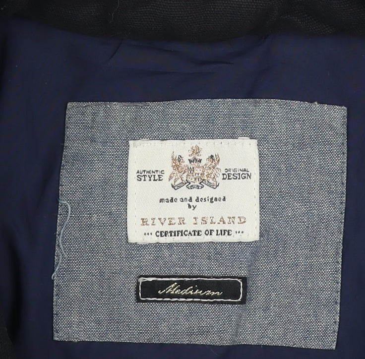 River Island Men's Blue Quilted Mid-Length Jacket Size M