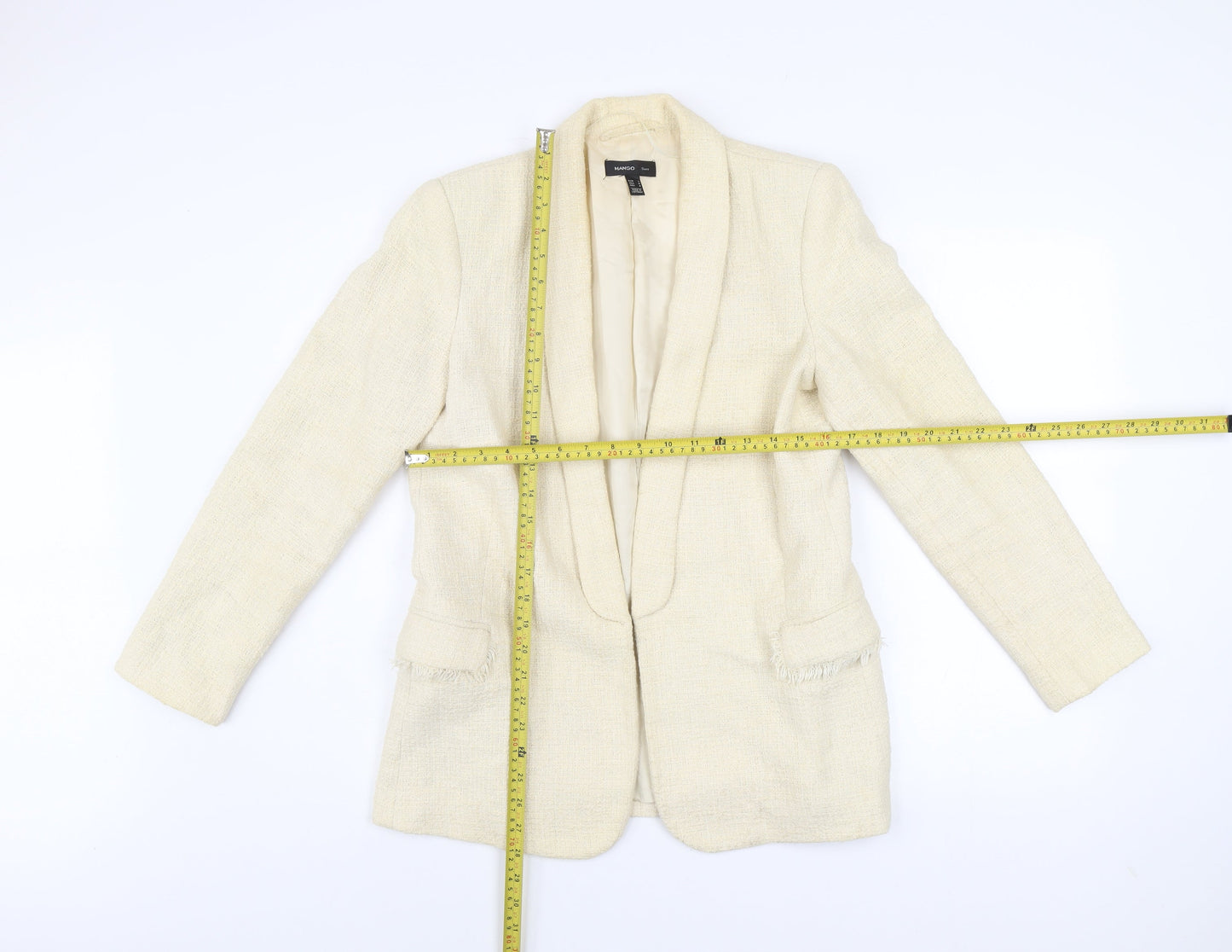 Mango Women Beige Tweed Blazer Jacket Lined Size L
