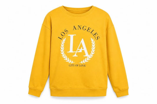 Front view of Primark girls’ yellow la pullover sweatshirt 13-14 years graphic print
