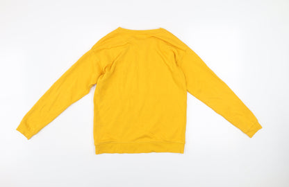 Close-up detail of Primark girls’ yellow la pullover sweatshirt 13-14 years graphic print