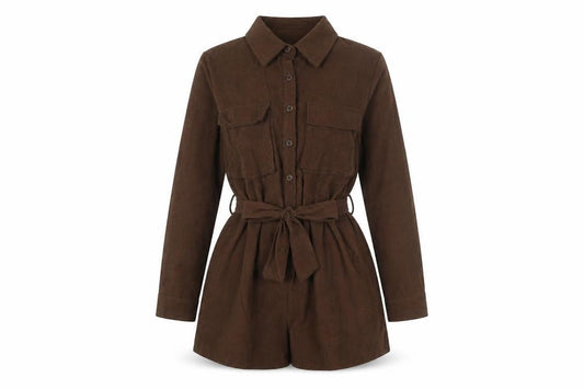 PRETTYLITTLETHING Women Brown Long Sleeve Belted Playsuit Size 10