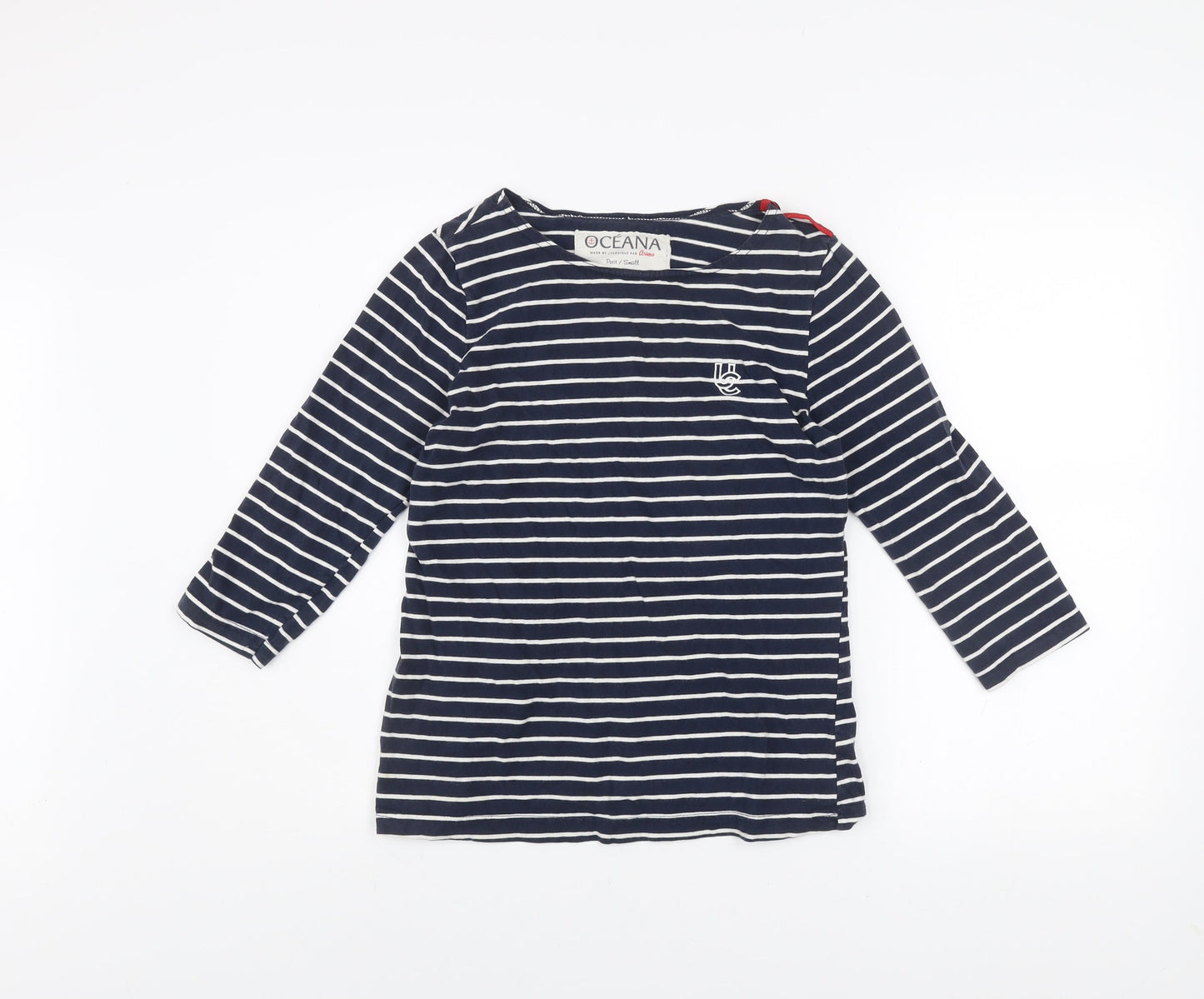 Oceana Women Blue Striped 3/4 Sleeve Boat Neck Cotton Top Small