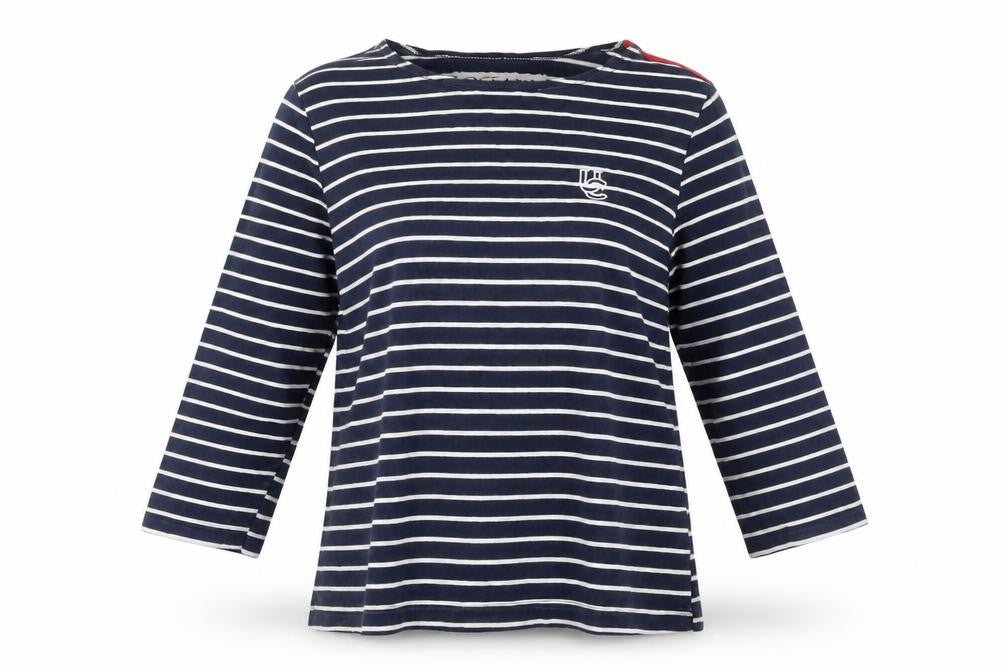 Oceana Women Blue Striped 3/4 Sleeve Boat Neck Cotton Top Small