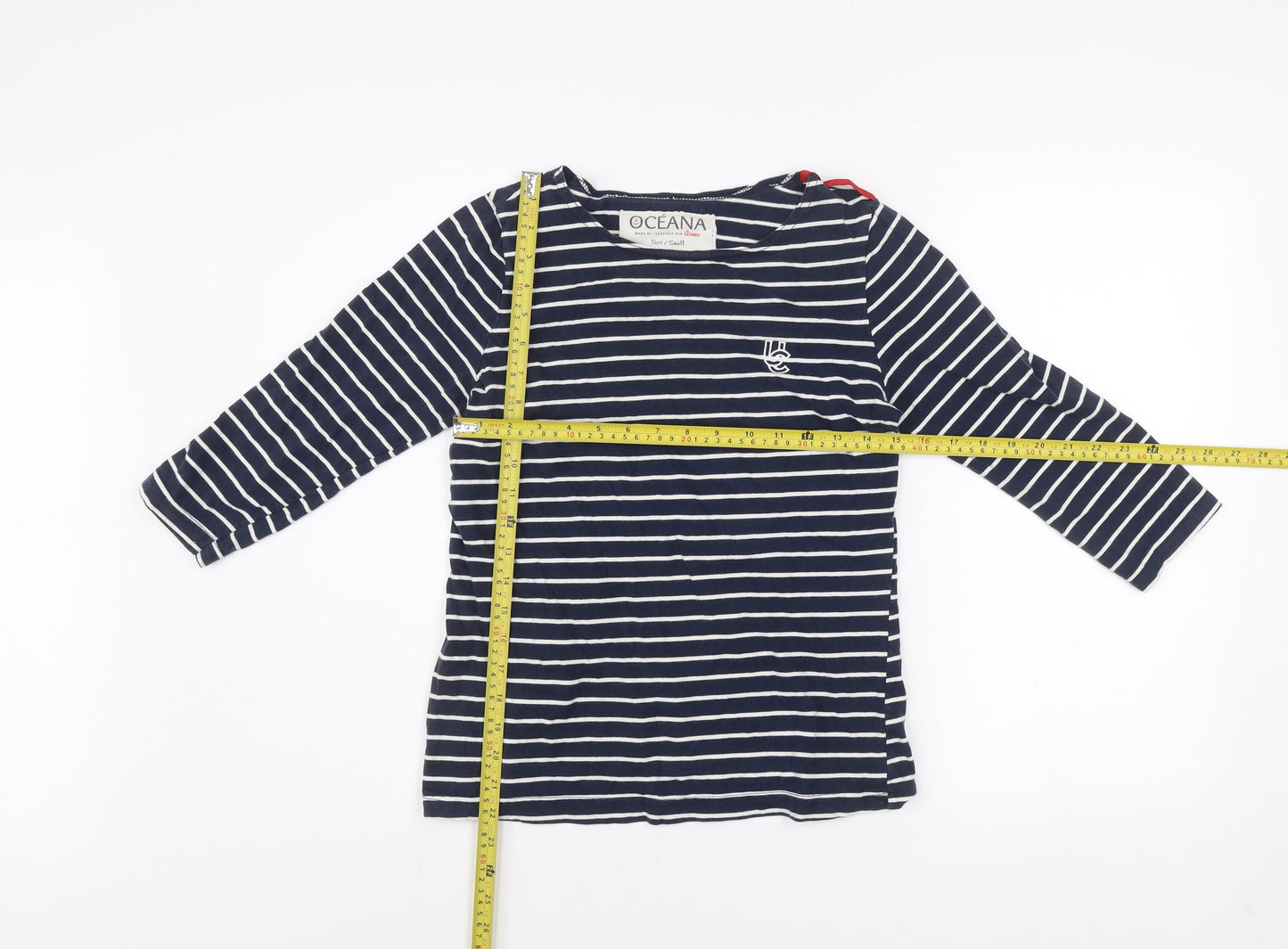 Oceana Women Blue Striped 3/4 Sleeve Boat Neck Cotton Top Small