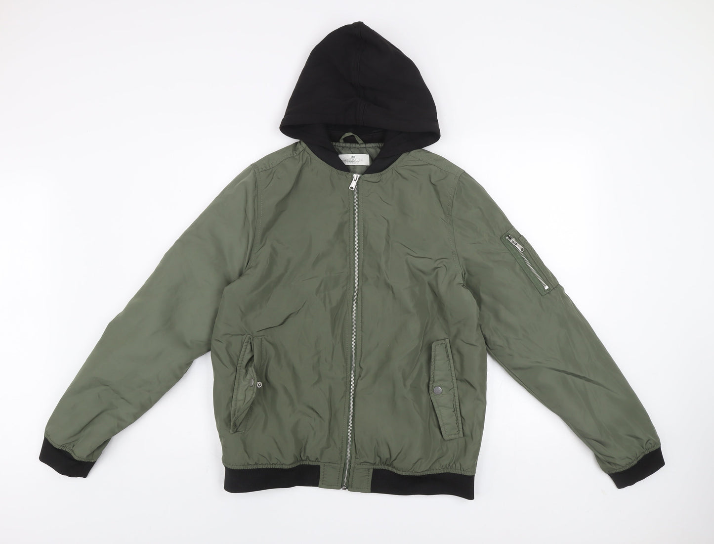 H&M Boys Green Hooded Bomber Jacket 14 Years Lined Full Zip Casual
