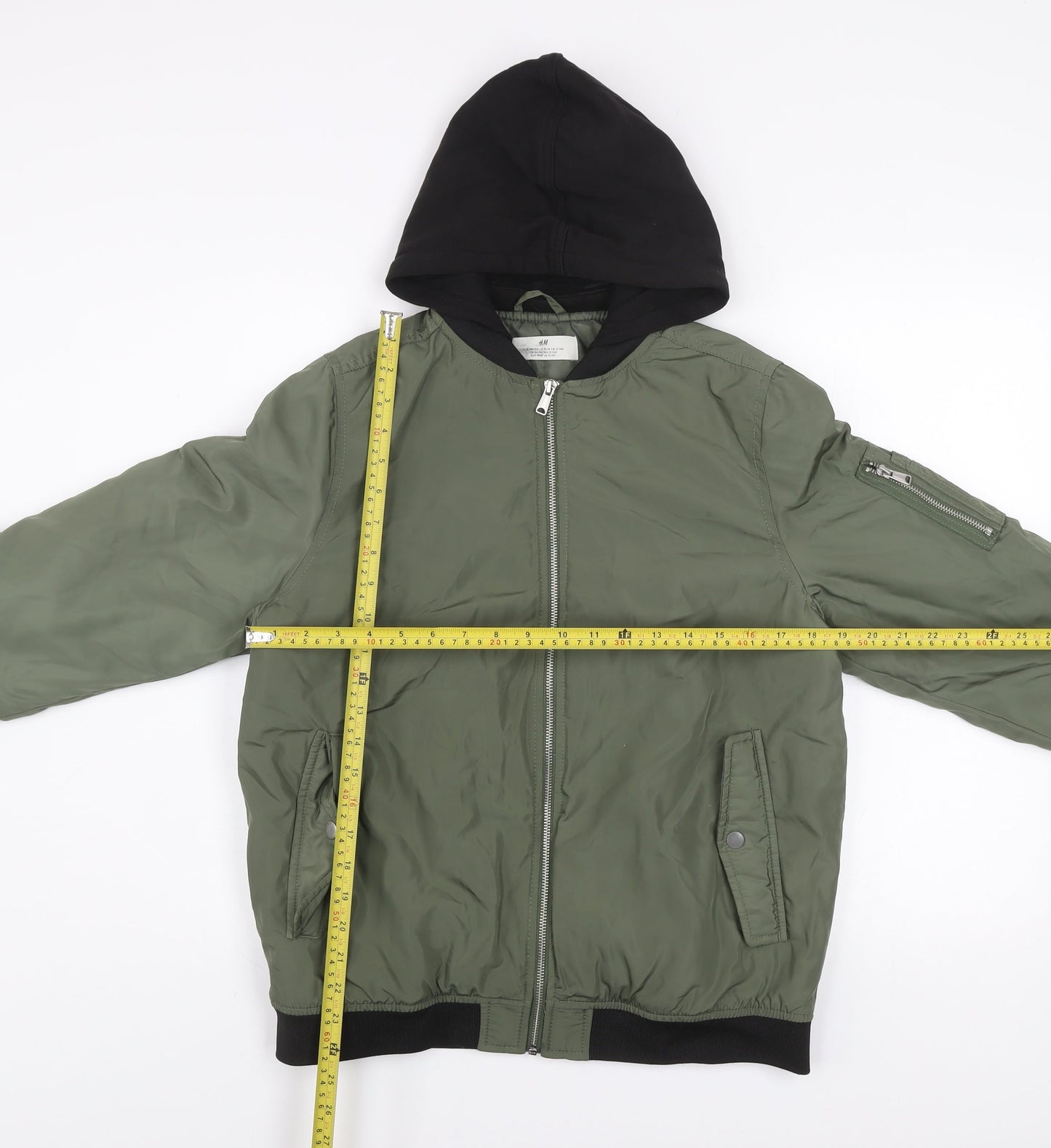 H&M Boys Green Hooded Bomber Jacket 14 Years Lined Full Zip Casual