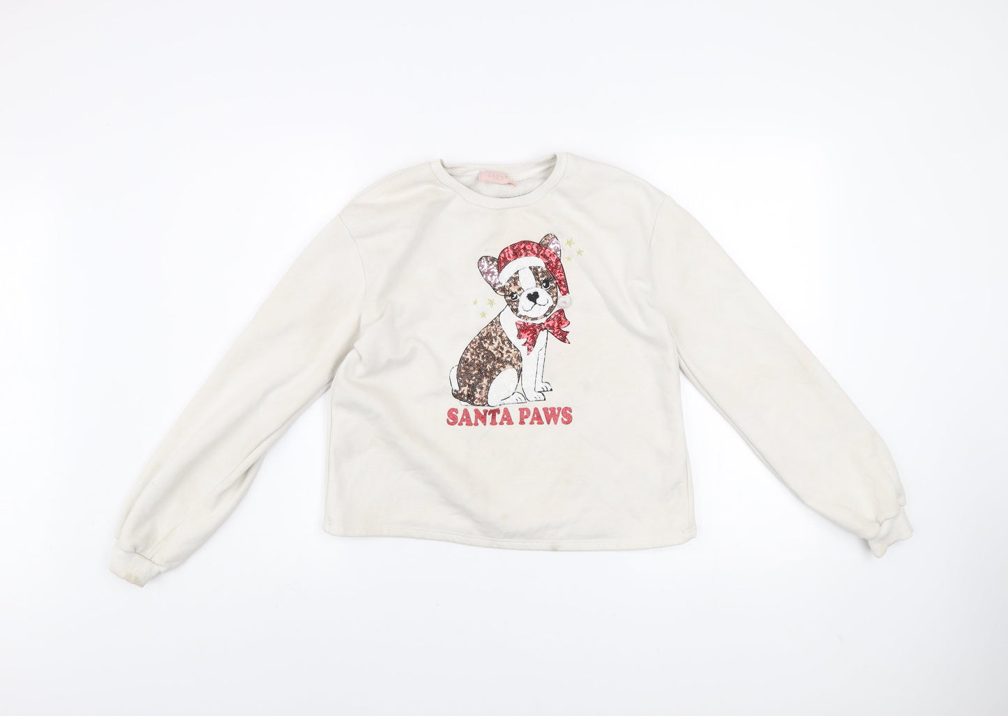 Lipsy Girls Ivory Christmas Dog Sequin Santa Paws Pullover Sweatshirt 13-14Y