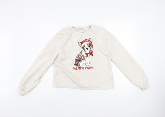 Lipsy Girls Ivory Christmas Dog Sequin Santa Paws Pullover Sweatshirt 13-14Y