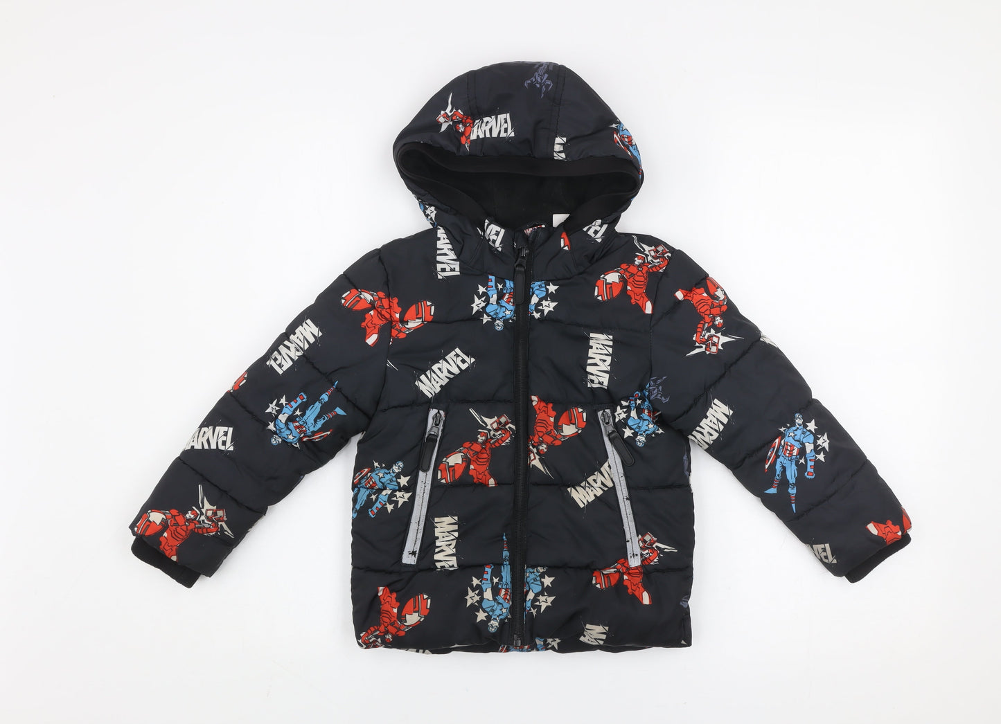Marvel Boys Black Puffer Jacket 3-4 Years Hooded Winter Coat