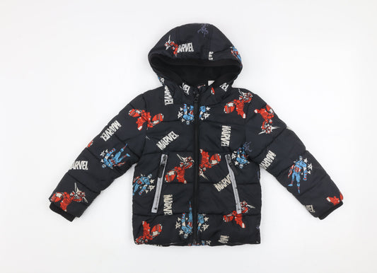 Marvel Boys Black Puffer Jacket 3-4 Years Hooded Winter Coat