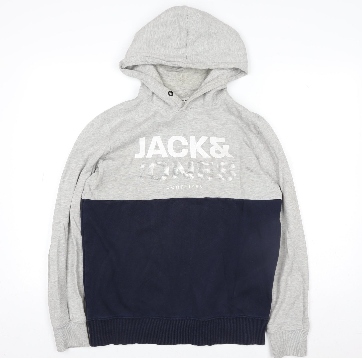 Jack & Jones Mens Grey Pullover Hoodie L Graphic Print Core 1990