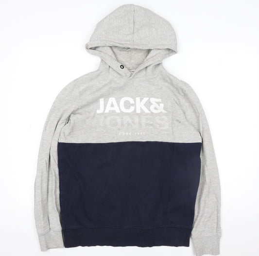 Jack & Jones Mens Grey Pullover Hoodie L Graphic Print Core 1990