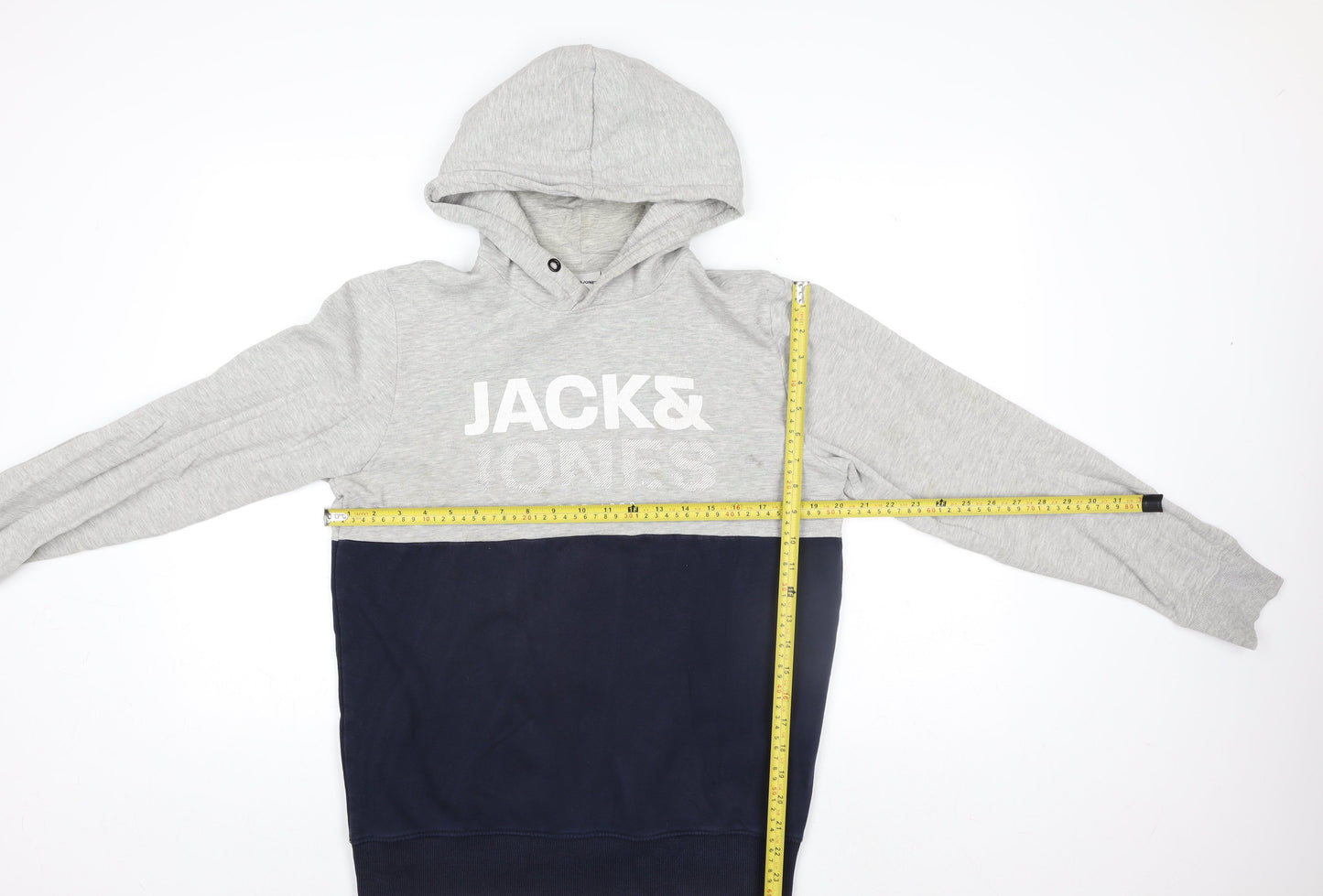 Jack & Jones Mens Grey Pullover Hoodie L Graphic Print Core 1990