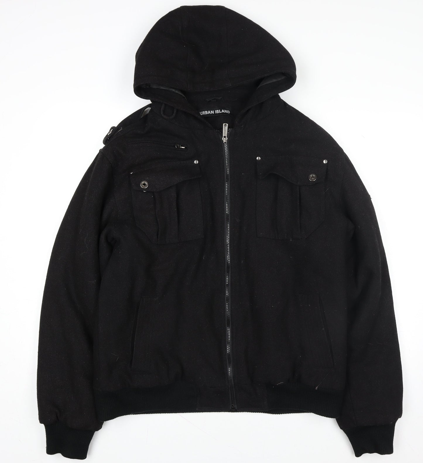 Urban Island Womens Black Wool Blend Hooded Bomber Jacket M
