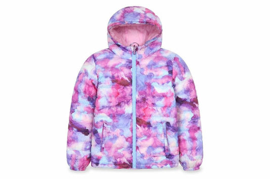Front view of Mountain Warehouse girls’ multicoloured puffer jacket 11-12 years hooded water resistant