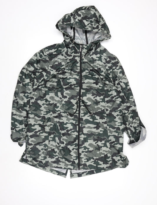 Susan Graver Womens Green Camo Hooded Rain Jacket Coat Size M