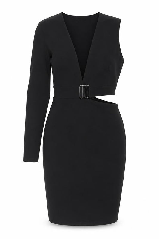 PRETTYLITTLETHING Women’s Black Size 12 Bodycon Belted One Shoulder Dress