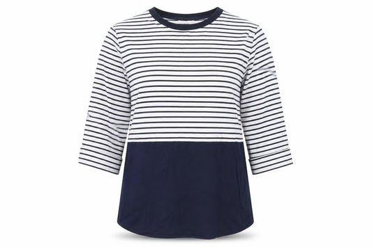 Front view of Gallery Women Navy Stripe Long Sleeve Jersey Tunic Top UK M