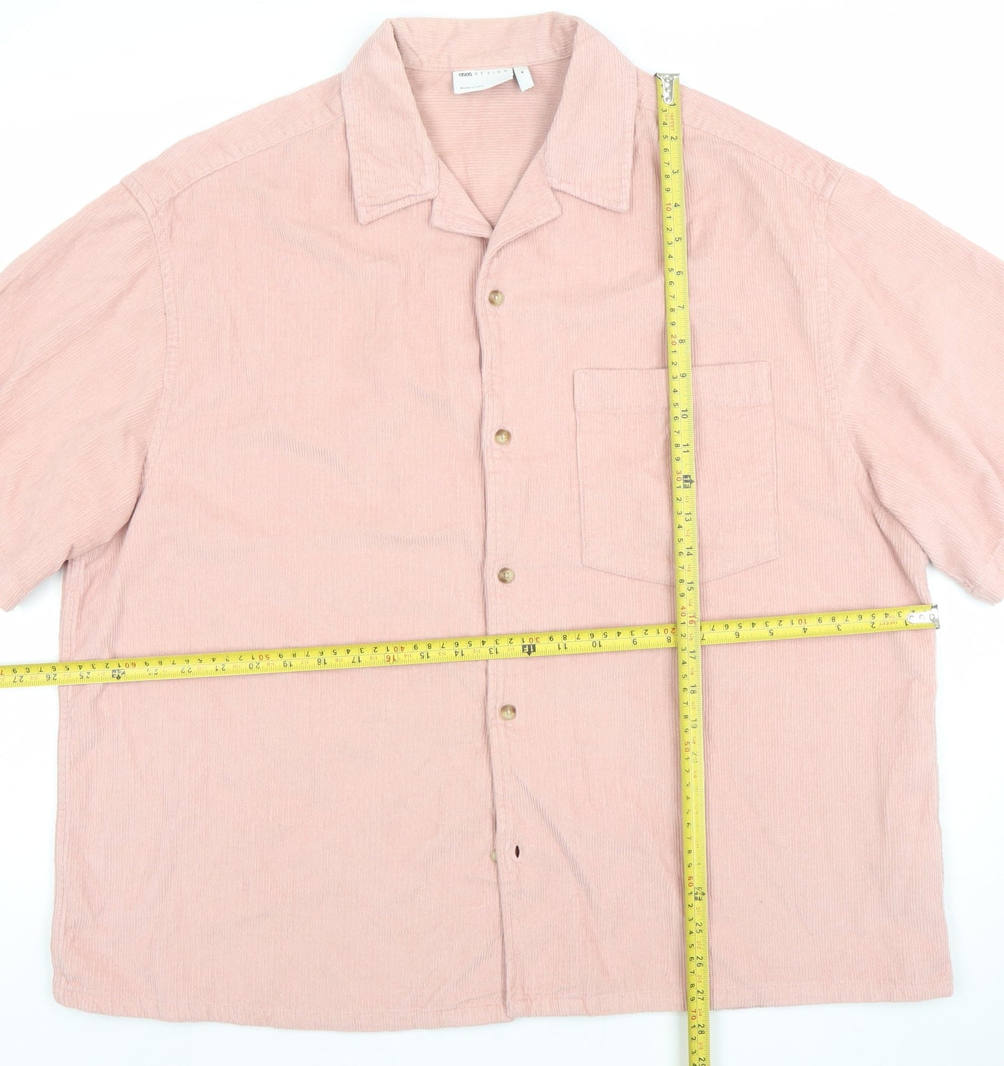 ASOS DESIGN Men's Pink Corduroy Short Sleeve Button-Up Shirt M