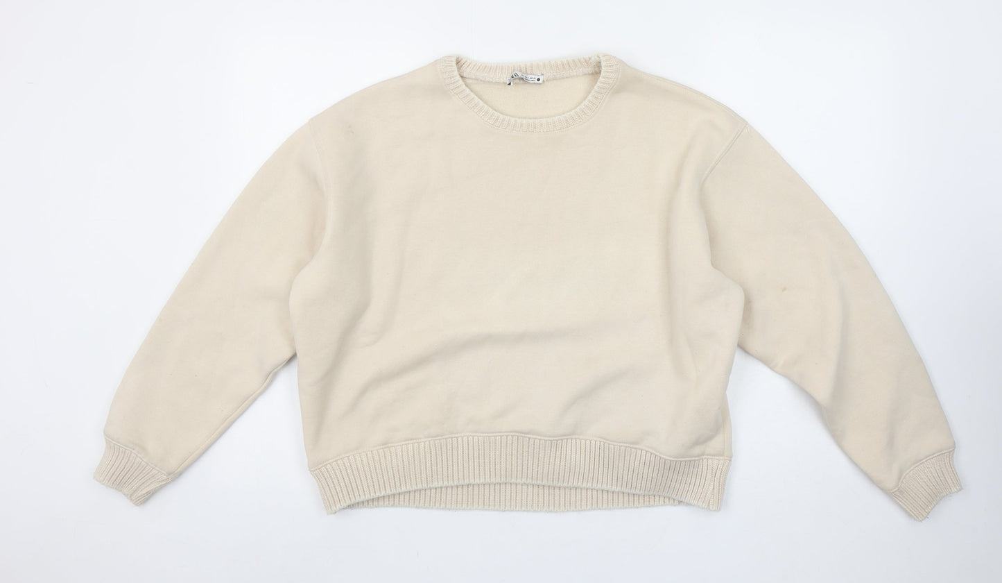 Zara Women Beige Cotton Blend Pullover Sweatshirt Size S