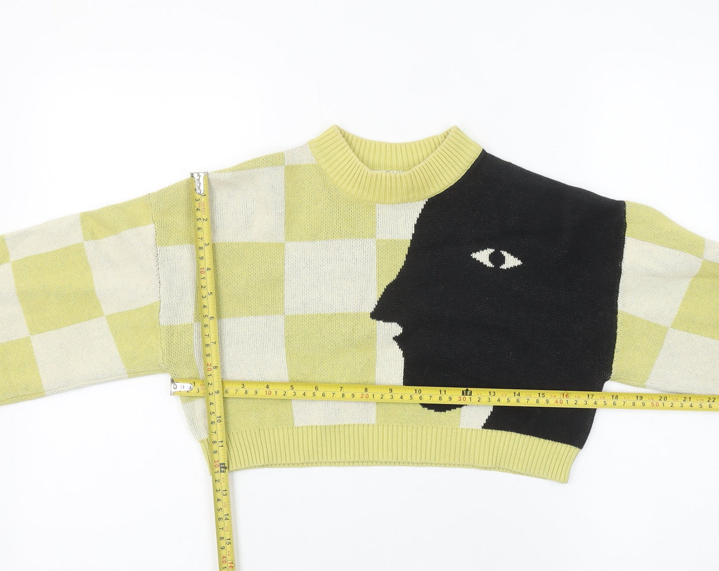 Monki Womens XXS Yellow Check Knit Face Graphic Cropped Jumper