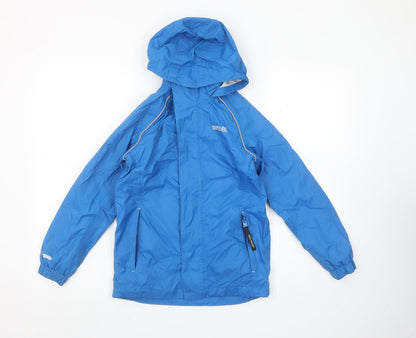 Additional front view of Regatta boys’ blue hooded rain coat 9-10 years waterproof outdoor jacket