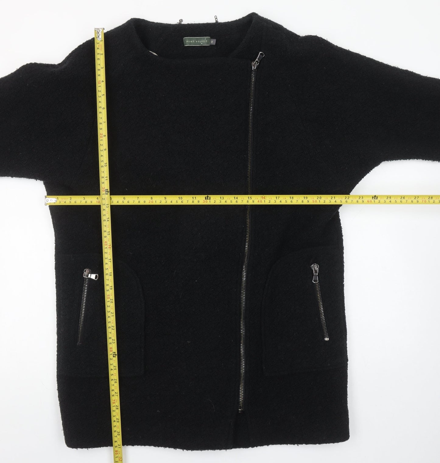 Mint Velvet Women’s Black Wool Blend Zip Mid-Length Coat Size 12