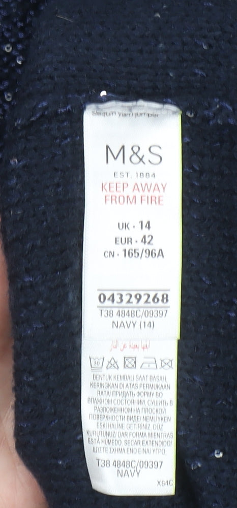 Marks and Spencer Women’s Blue Sequin V-Neck Long Sleeve Knit Jumper Size 14