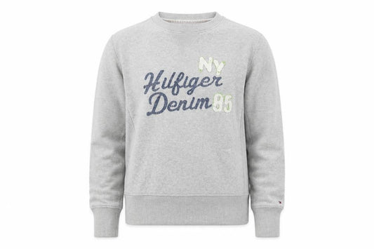 Front view of Tommy Hilfiger girls’ grey pullover sweatshirt logo embroidered 12 years