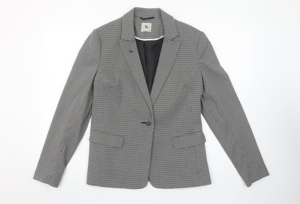 Tu Women Black Geometric Single-Breasted Blazer Size 10