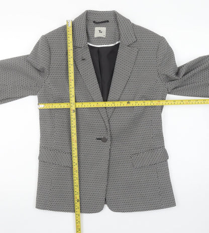 Tu Women Black Geometric Single-Breasted Blazer Size 10