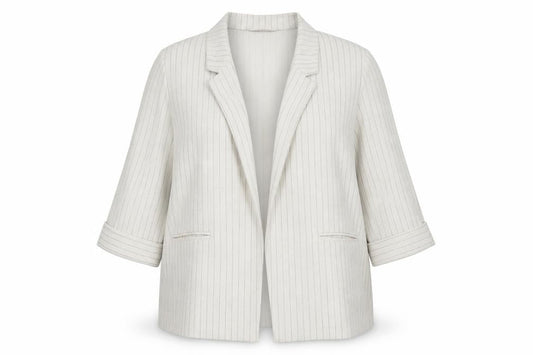 Front view of Papaya Women Beige Striped Linen Blend Blazer Jacket, size 18