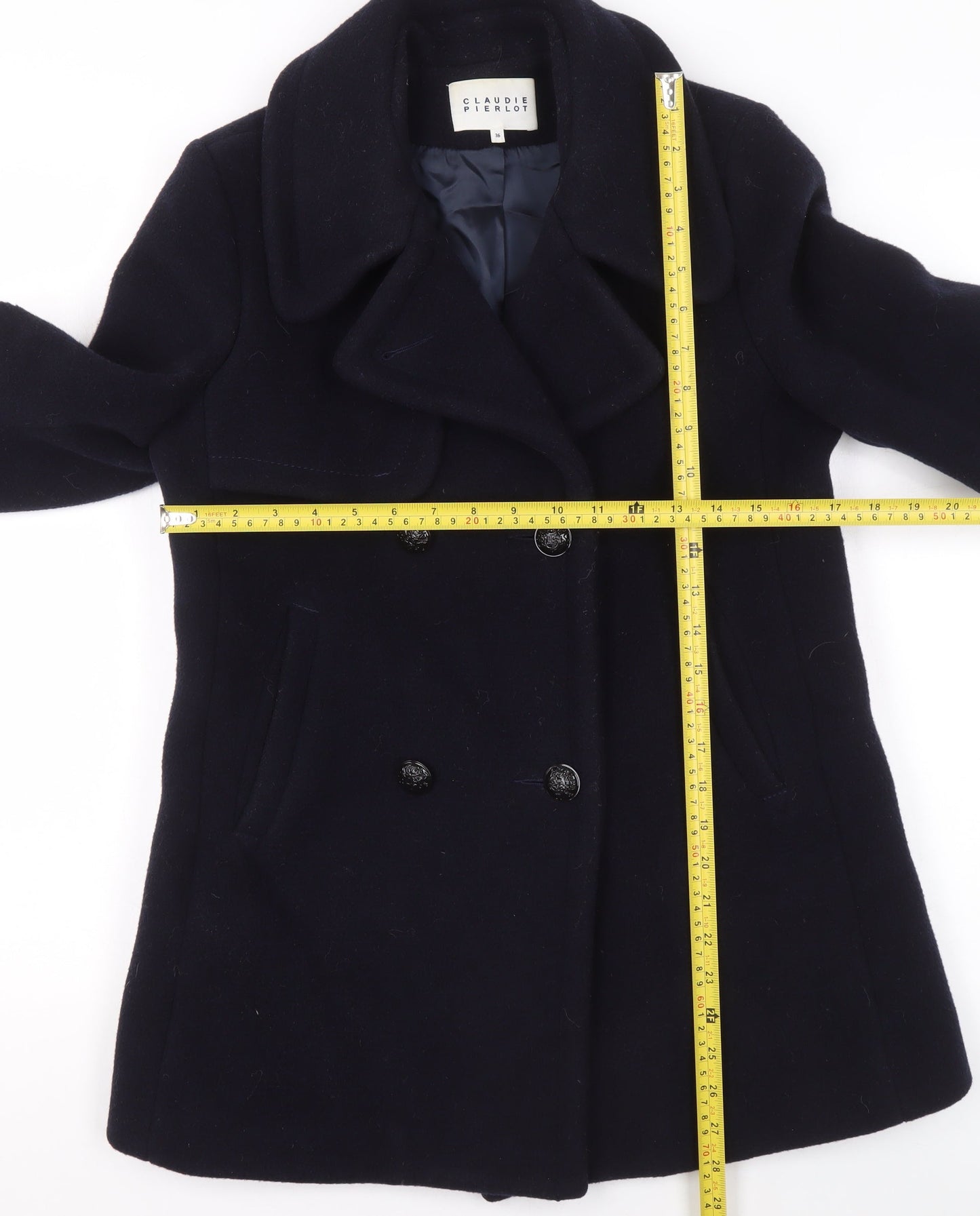 Claudie Pierlot Men's Black Wool Pea Coat Size 36 Regular Fit