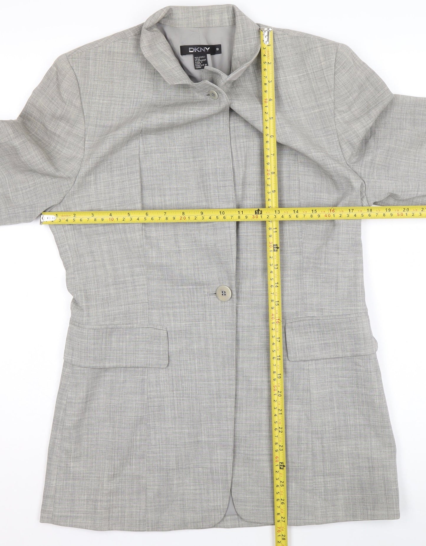 DKNY Women's Grey Single-Breasted Wool Blazer Size 12 Tailored Fit