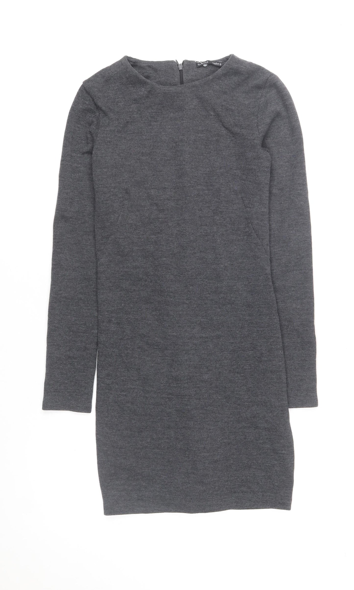 Zara Women Grey Knit Shift Dress S Long Sleeve Casual Workwear