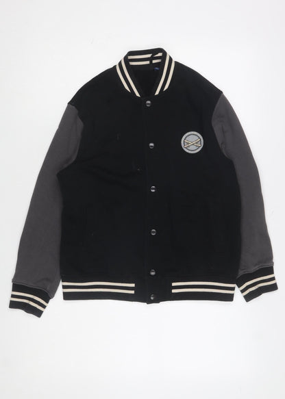 Additional front view of Uniqlo boys’ black varsity jacket 11-12 years cotton blend button casual