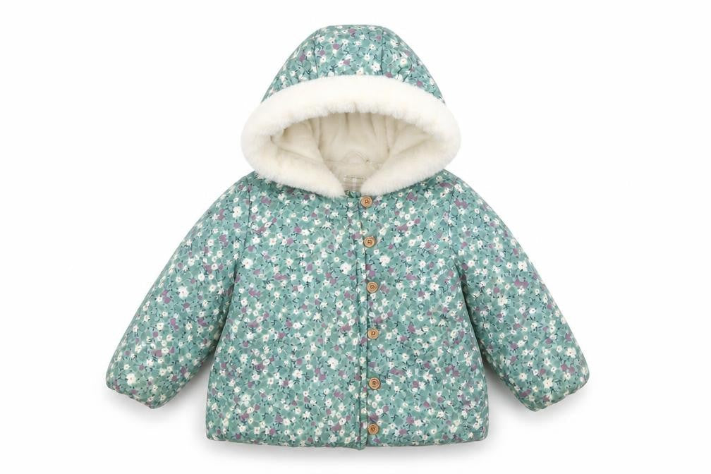John Lewis Girls Green Floral Hooded Puffer Coat 3-4 Years