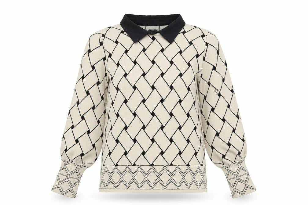 Anamor Women Beige Black Collared Long Sleeve Pullover Jumper S/M
