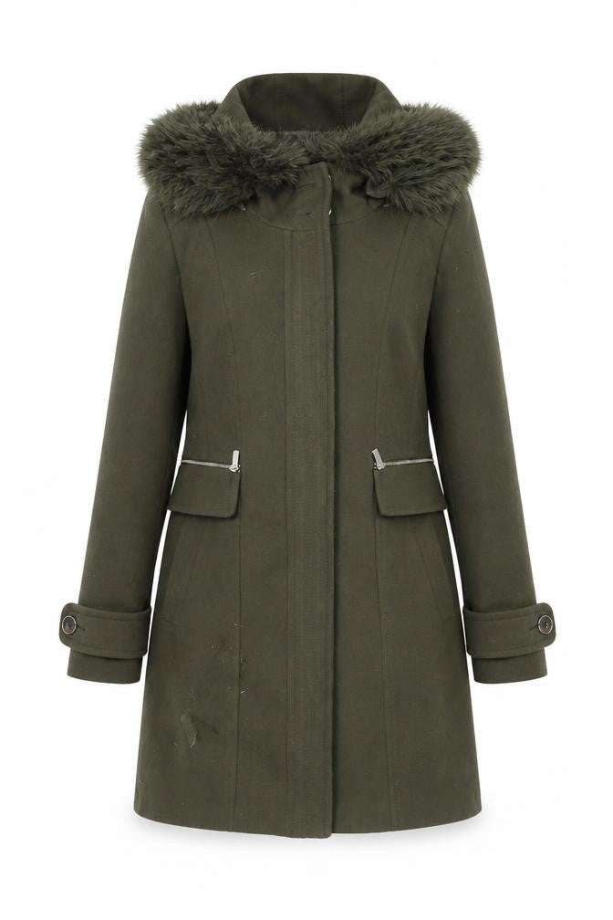 Wallis Women’s Green Faux Fur Hooded Long Parka Coat Size 8