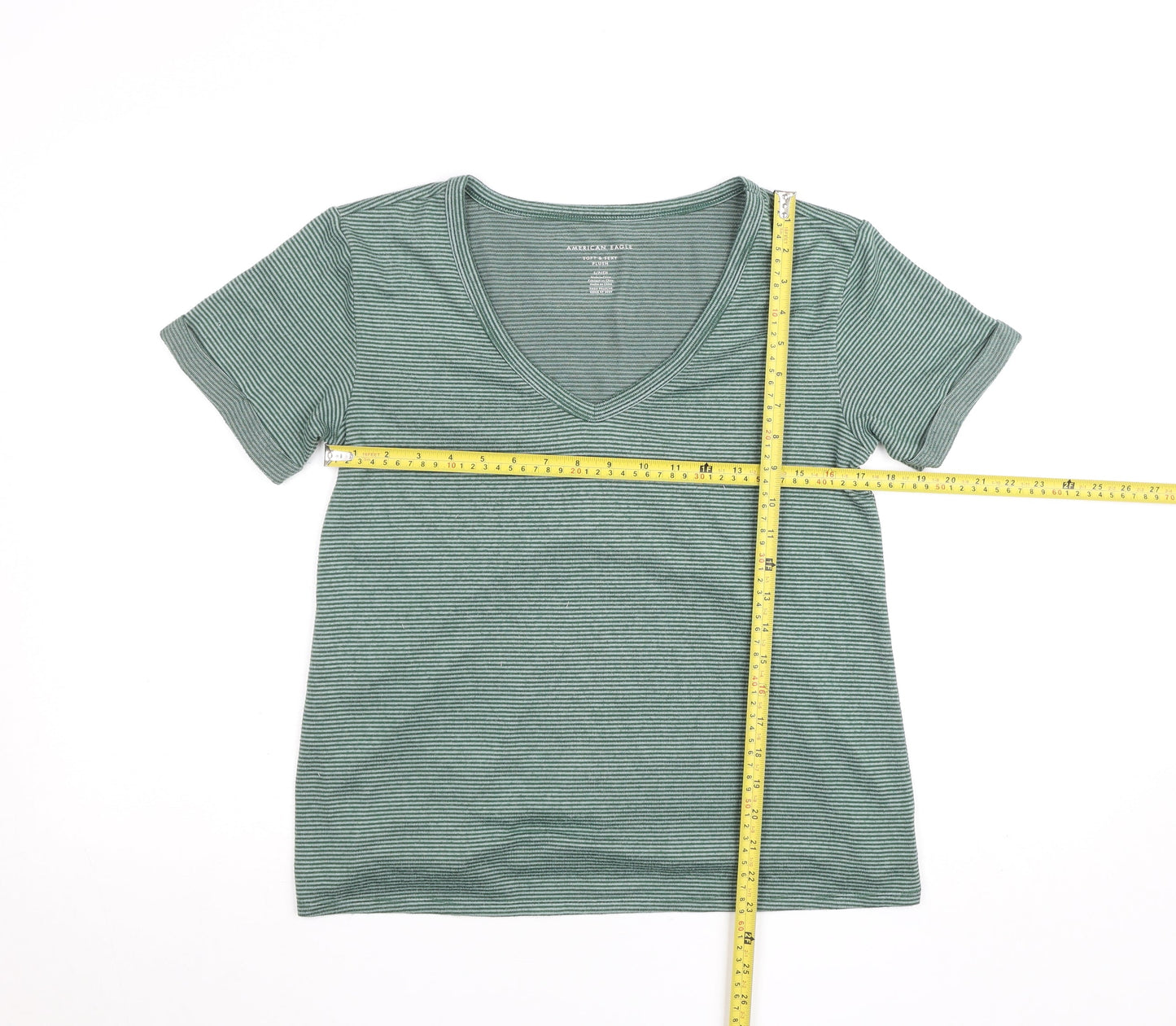 American Eagle Women's Green Striped Soft & Sexy V-Neck T-Shirt Size S
