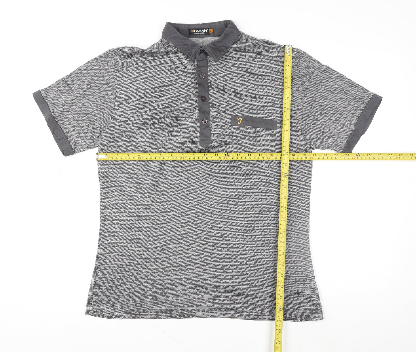 Farah Men’s Grey Geometric Cotton Polo Shirt Size L