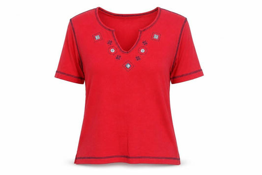 Natura Women’s Red Embroidered Cotton V-Neck Short Sleeve T-Shirt Size M