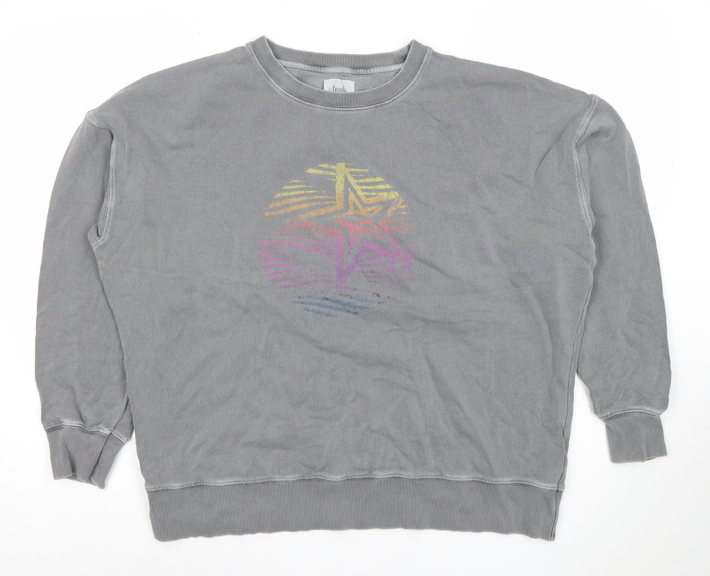 Fush Women Grey Crew Neck Pullover Sweatshirt with Rainbow Star Print Size L