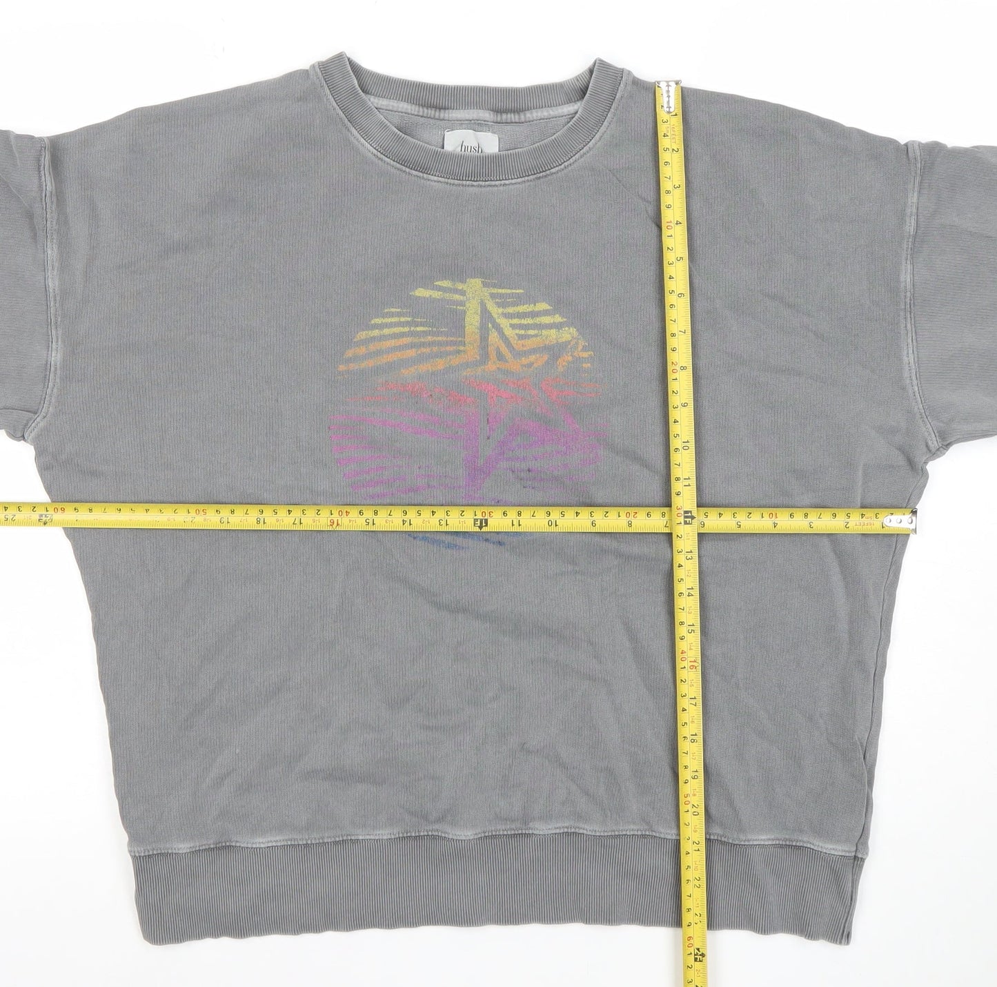 Fush Women Grey Crew Neck Pullover Sweatshirt with Rainbow Star Print Size L
