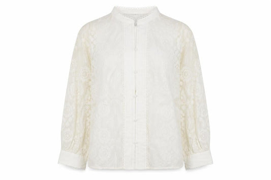Front view of Gallery Women Ivory Lace Long Sleeve Button Blouse, size 14