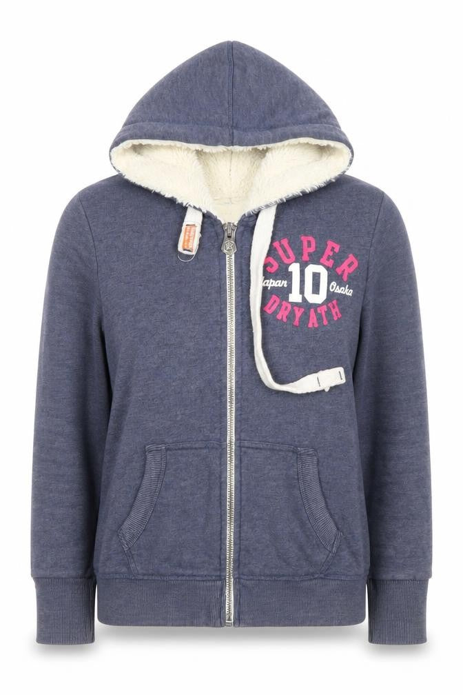 Superdry Women Blue Full Zip Hoodie Small Fleece Lined Casual