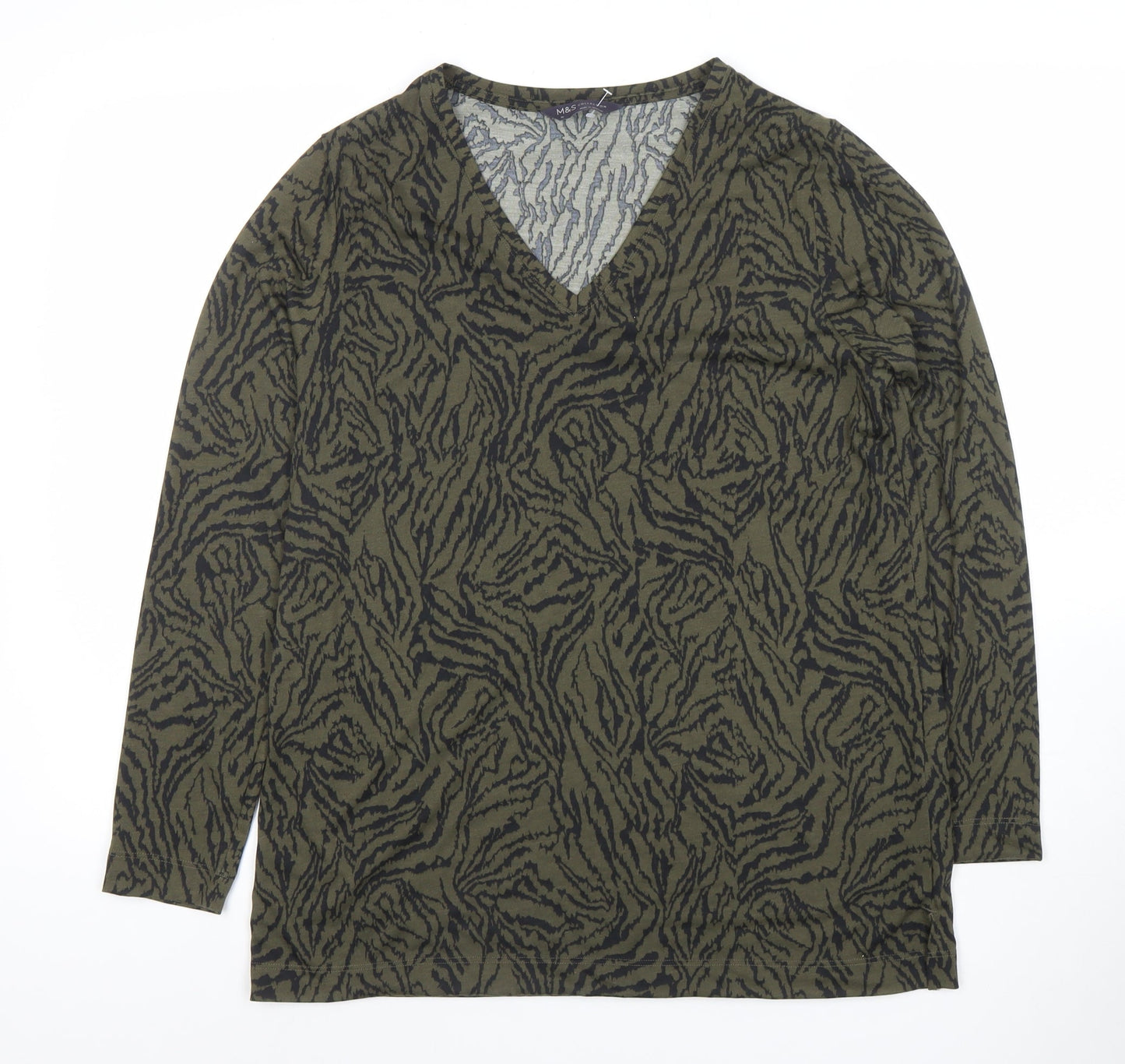 Marks and Spencer Women's Green Animal Print V-Neck Jersey Top Size 10