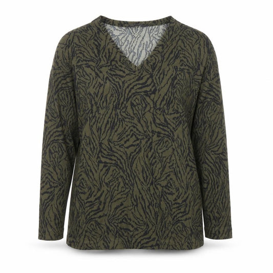 Marks and Spencer Women's Green Animal Print V-Neck Jersey Top Size 10