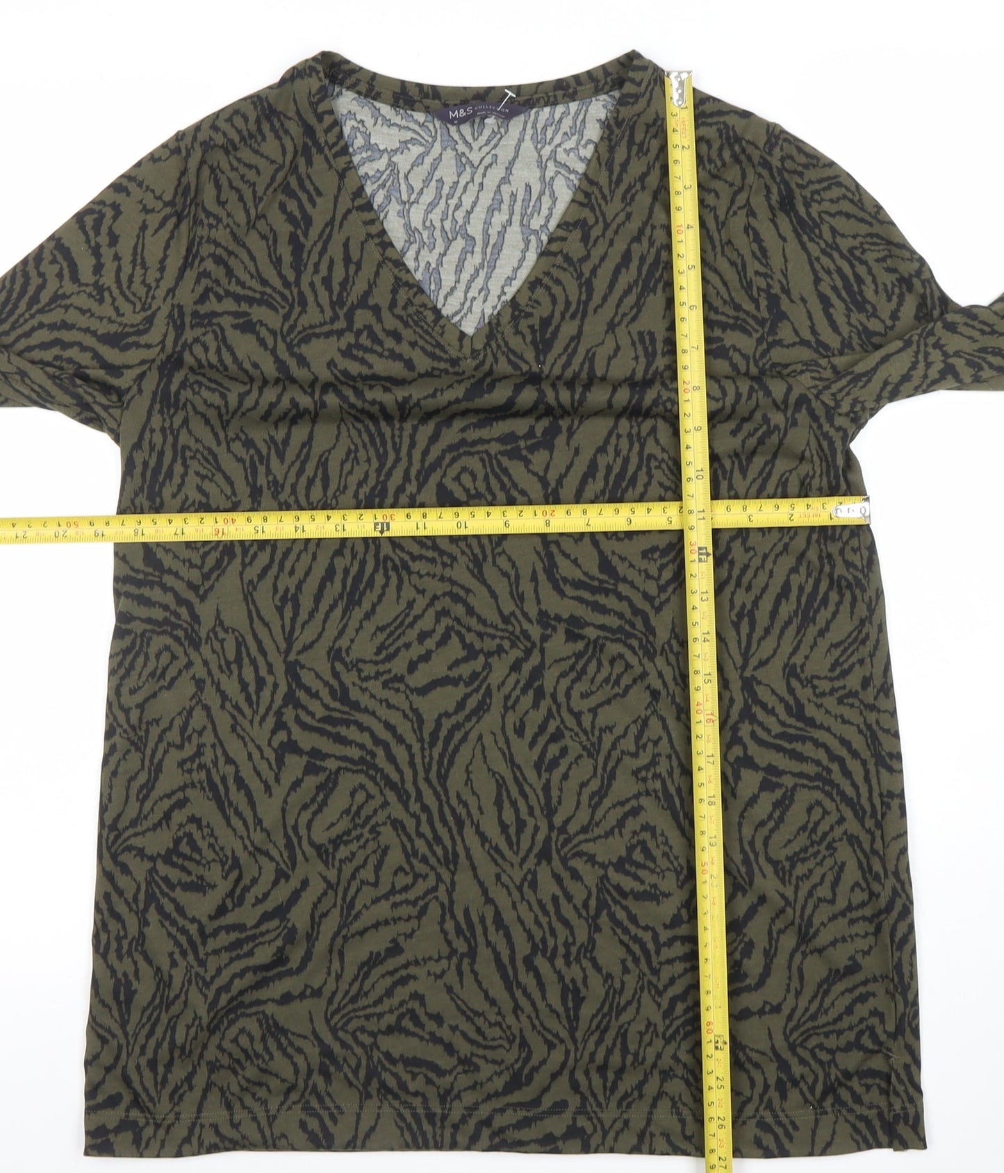 Marks and Spencer Women's Green Animal Print V-Neck Jersey Top Size 10
